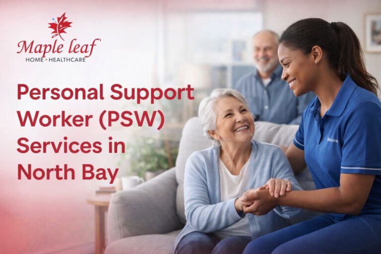Physiotherapist assisting a senior woman with in-home rehabilitation exercises in North Bay, Ontario, representing Maple Leaf Home Healthcare’s personalized neuro rehabilitation and mobility support services.