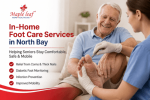 In home foot care services North Bay for seniors, professional diabetic foot care at home with caregiver providing safe treatment and mobility support in Canada