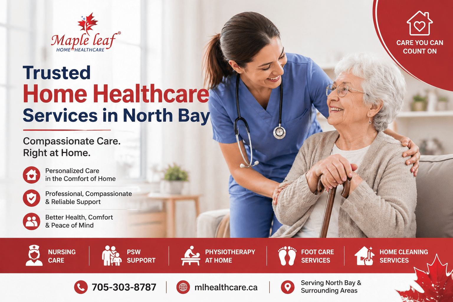 Trusted home healthcare services in North Bay Ontario by Maple Leaf Home Healthcare featuring compassionate in-home nursing care, PSW support, physiotherapy, foot care services, and home cleaning for seniors.