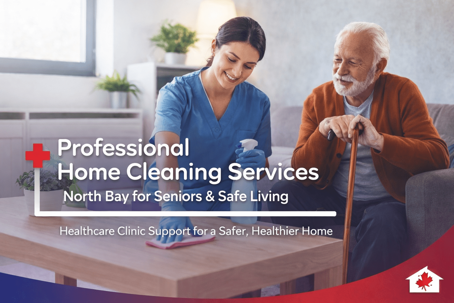 Professional home cleaning services in North Bay for seniors, showing a healthcare worker cleaning a home to ensure safe, hygienic, and comfortable living conditions