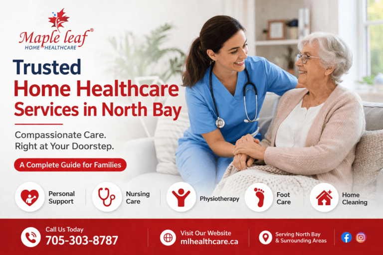 Trusted home healthcare services in North Bay with caregiver assisting elderly patient at home, Maple Leaf Home Healthcare