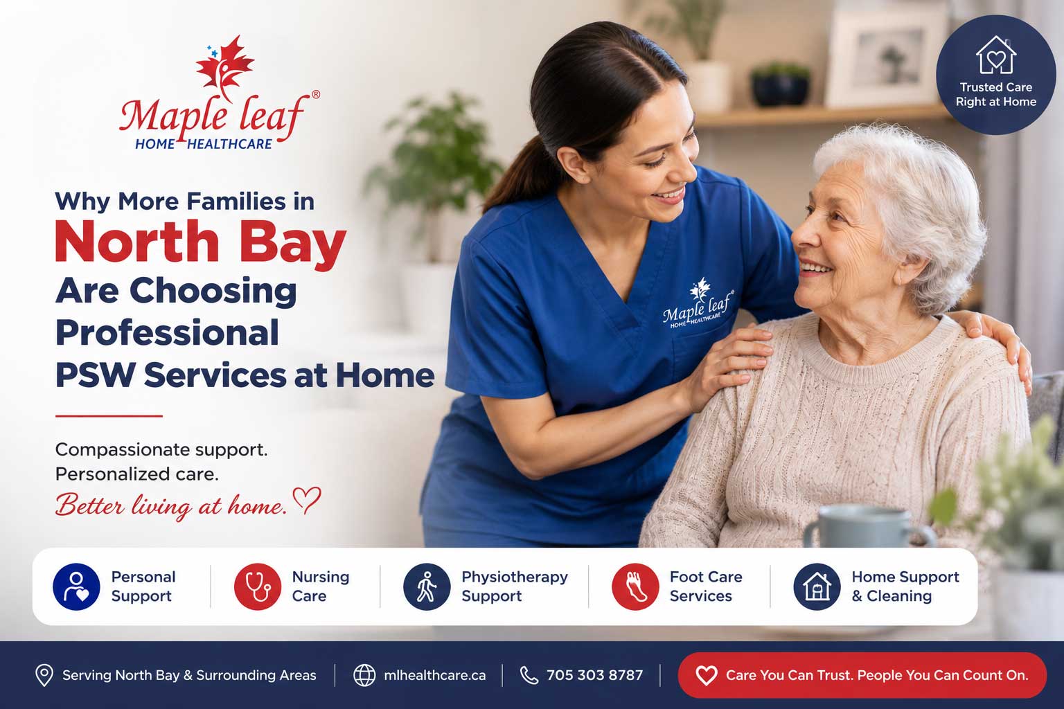 Professional PSW services in North Bay with caregiver supporting elderly woman at home, Maple Leaf Home Healthcare