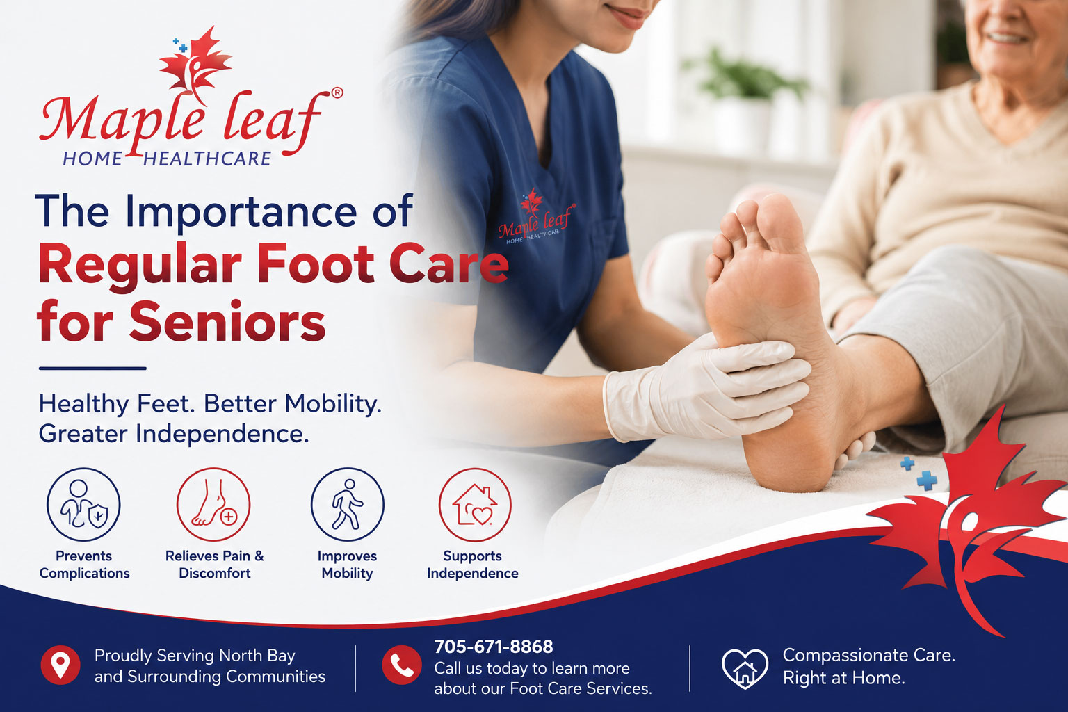 Professional foot care services for seniors in North Bay provided by Maple Leaf Home Healthcare, supporting mobility, independence, and healthy aging.