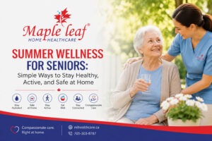 Senior enjoying summer with a caregiver, promoting summer wellness and in home healthcare by Maple Leaf Home Healthcare