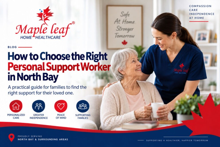 Personal Support Worker assisting a senior with daily care at home in North Bay, Ontario.
